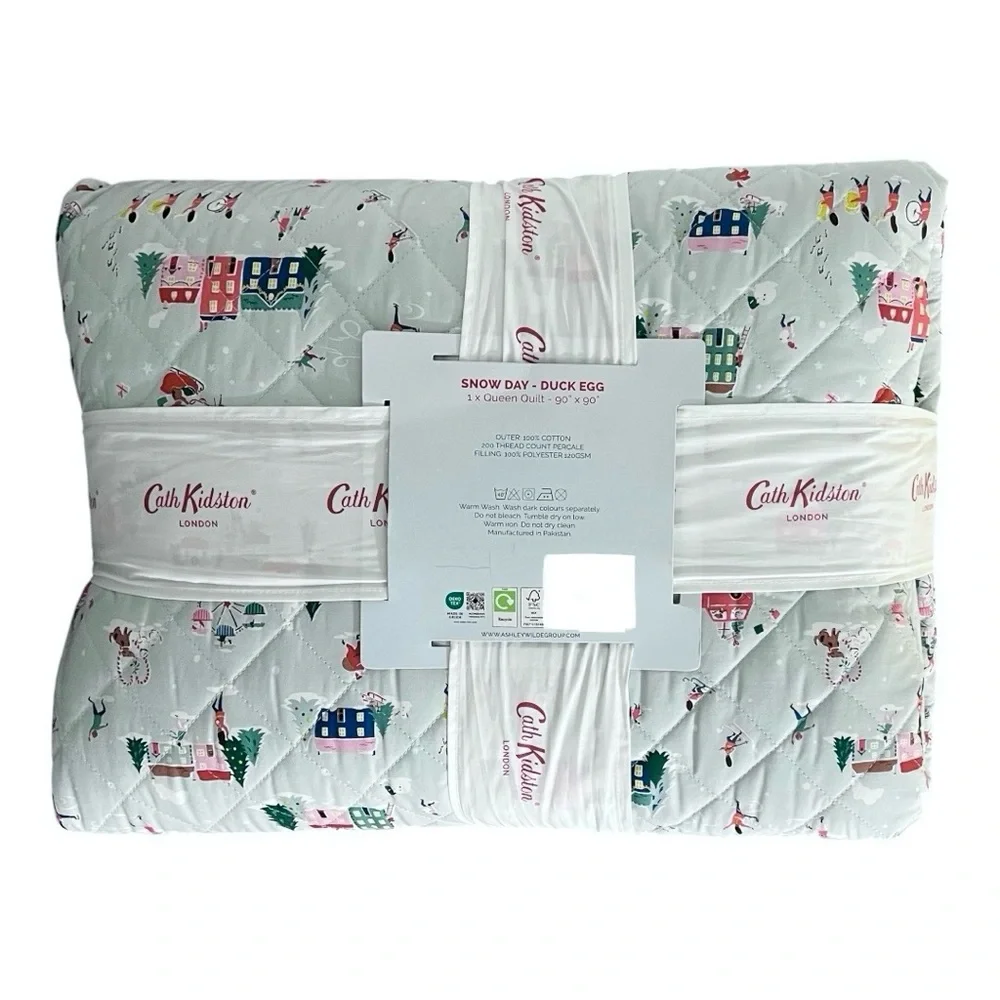 Cath Kidston® London Holidays SNOW DAY - DUCK EGG Cotton Quilt, Queen Size, NWT